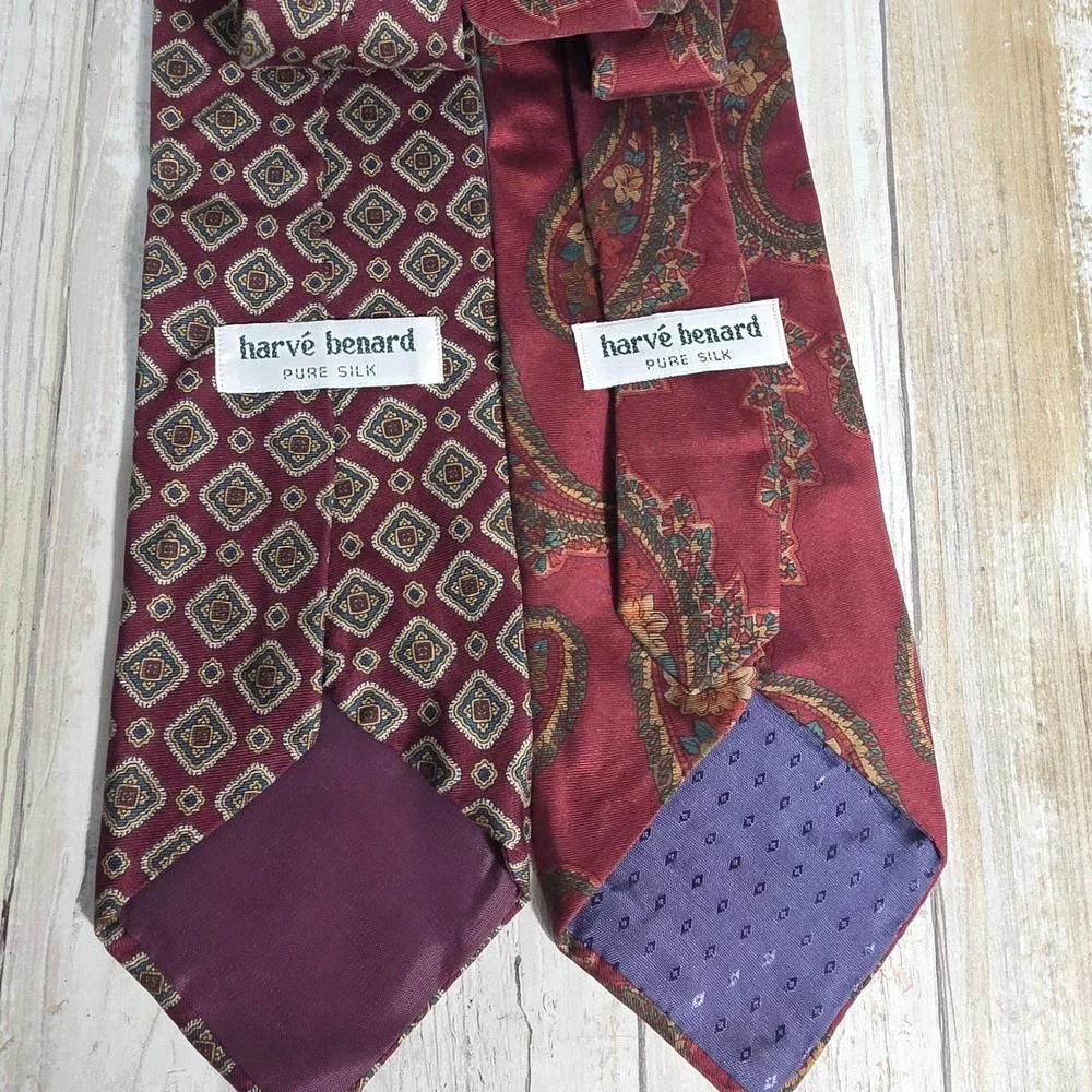 Harve Benard Pure Silk Necktie Lot 2 Burgundy Red Paisley Geometric Medallion